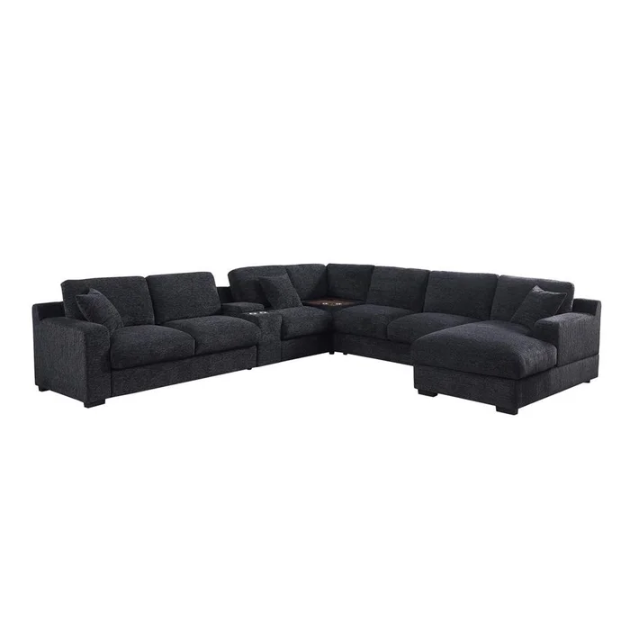 Lilola Home – Celine 141.5inW Dark Gray Chenille Fabric Corner Sectional Sofa with Right-Facing Chaise, Cupholders, and Charging Ports-89295