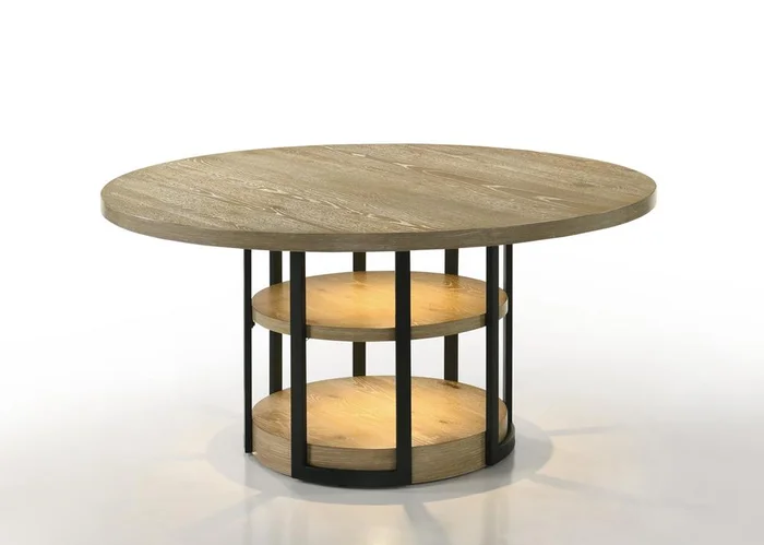 Lilola Home – Eden 59in Round Rustic Oak Dining Table with LED Light, Black Metal Frame, Shelves – 30045