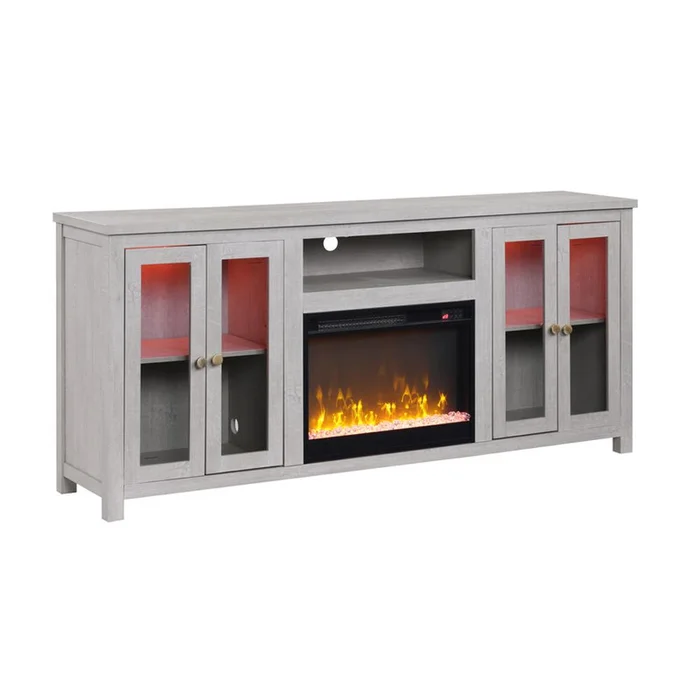 Lilola Home – Ellington 70inW White Walnut Finish Fireplace TV Stand Console with LED Light, Cabinets, Shelves – 97036