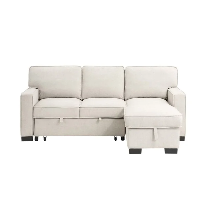 Lilola Home – Estelle 86.5inW Beige Fabric Reversible Sleeper Sectional with Storage Chaise Drop-Down Table 2 Cup Holders and 2USB Ports-81353BE