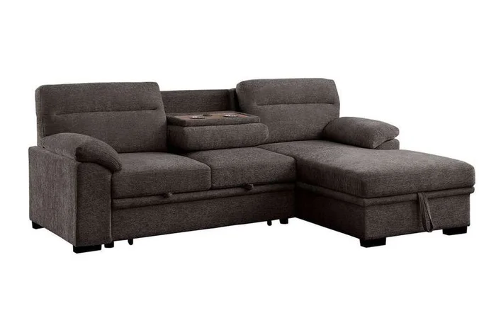 Lilola Home – Kipling II 94inW Brown Chenille Fabric Sleeper Sectional Sofa with Right-Facing Chaise, Cupholders, USB Charging port – 81456