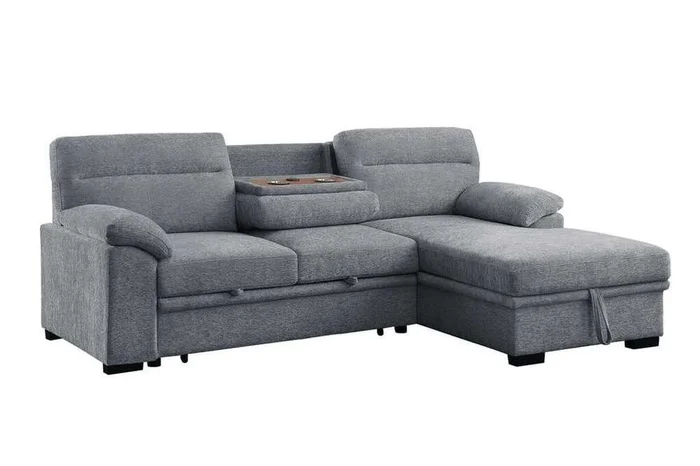 Lilola Home – Kipling II 94inW Light Gray Chenille Fabric Sleeper Sectional Sofa with Right-Facing Chaise, Cupholders, USB Charging port – 81457