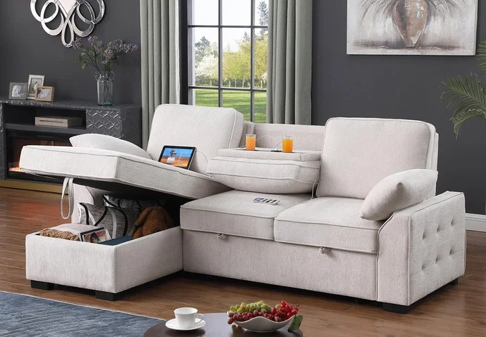 Lilola Home – Mackenzie 91inW Beige Chenille Fabric Reversible Sleeper Sectional with Storage Chaise, Drop-Down Table, Cup Holders and Charging Ports in Beige – A81442