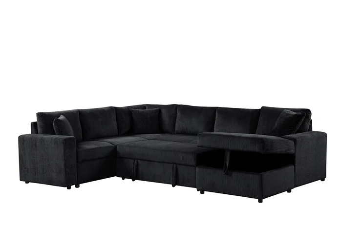 Lilola Home – Ruxley 123inW Black Corduroy Sleeper Sectional Sofa with Right-Facing Storage Chaise and Throw Pillows – 89166