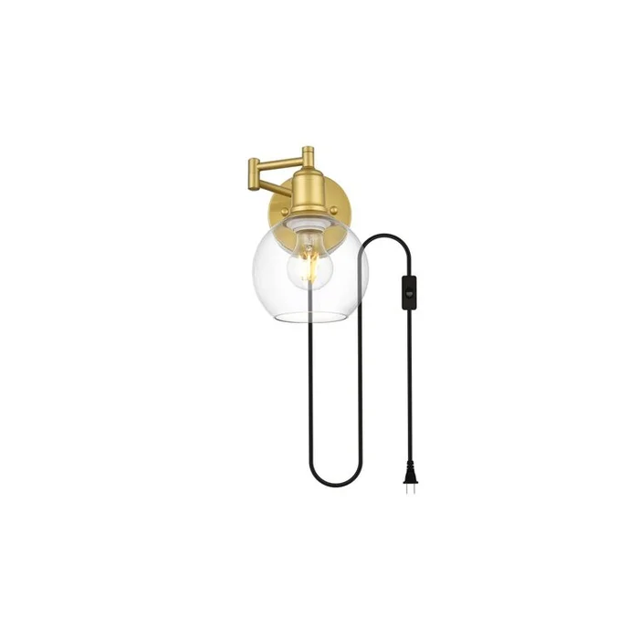 Living District Caspian 1 light Brass and Clear swing arm plug in wall sconce