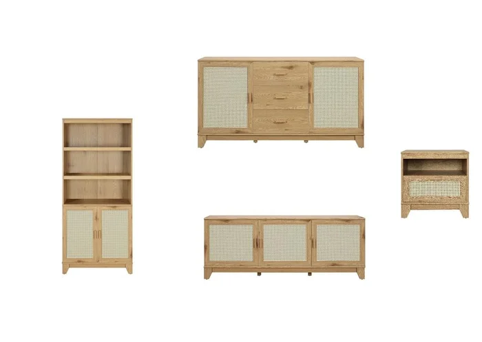 Manhattan Comfort – 4-Piece Sheridan Living Room with 4 , Nightstand – Full Extension, Sideboard Cabinet – Full Extension Drawers in Nature – 4-3456GLF-NA
