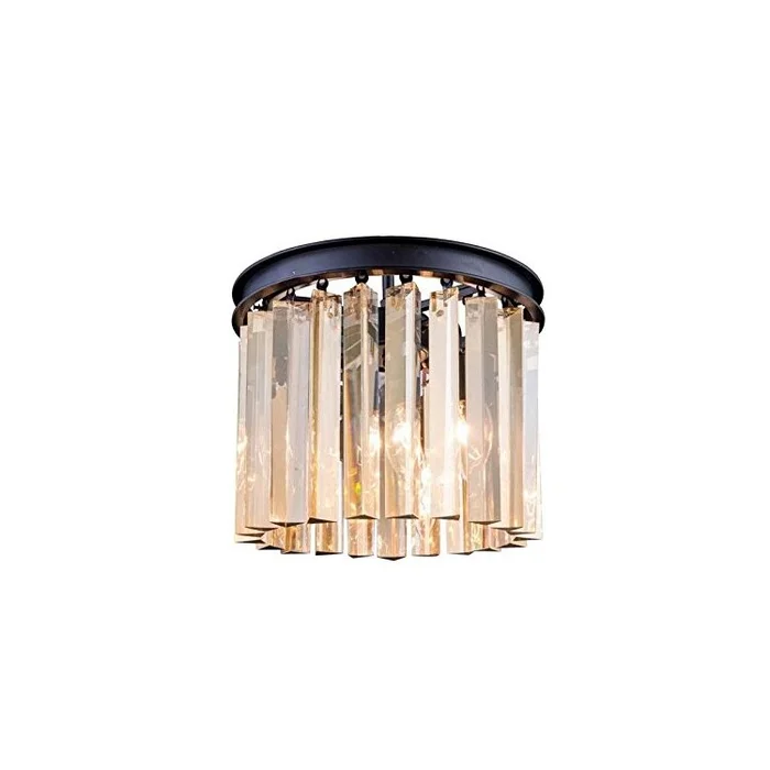 Matte Black 3 Light Flush Mount Chandelier Teak Finish Crystal Shade