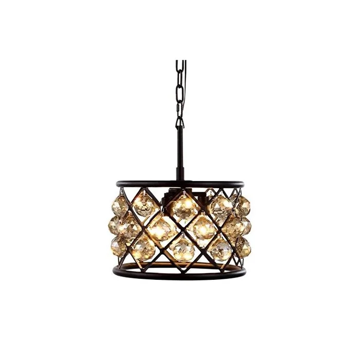 Matte Black 3-Light Pendant with Golden Teak & Royal Cut Crystal