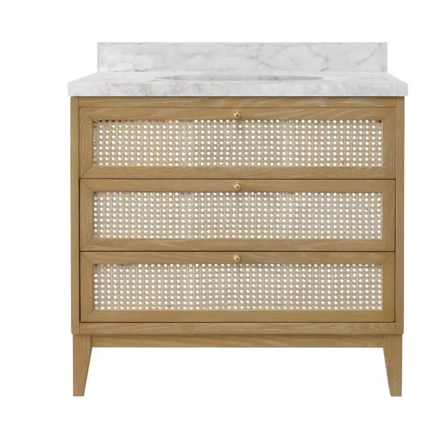 Matthew Izzo Home – Wynn Cerused Oak Single Bath Vanity With Two Caned Drawers – Carrara Marble Top, Porcelain Sink, Brass Hardware