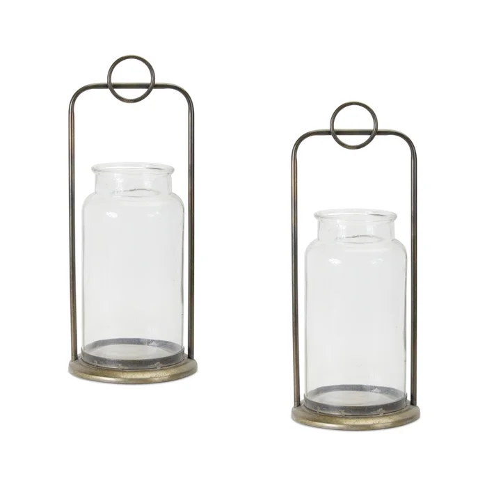 Melrose International Antique Metal Candle Holder with Glass Jar (Set of 2)