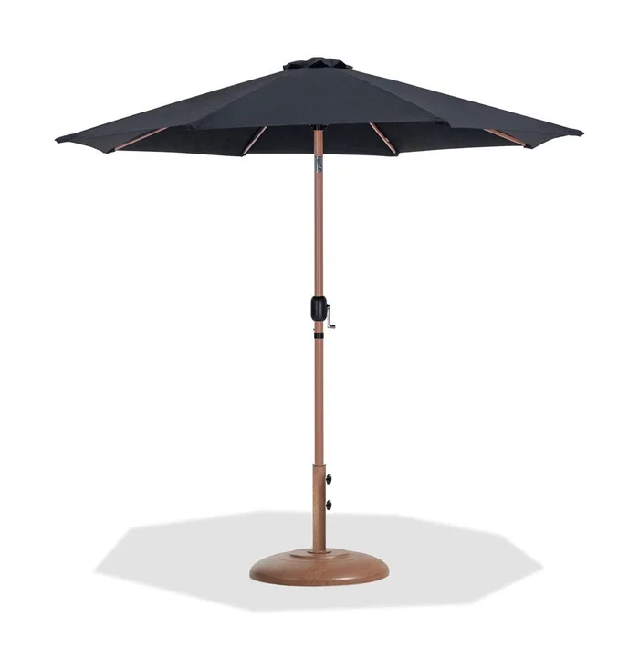 Meridian Furniture – Fiji Black Fabric / Teak Aluminum Patio Umbrella with Base Sets – 55014Black-BT