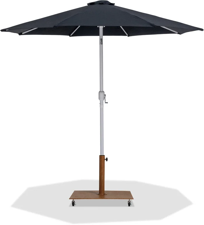 Meridian Furniture – Fiji Black Fabric / Teak Aluminum Patio Umbrella with Base Sets – 55015Black-AT