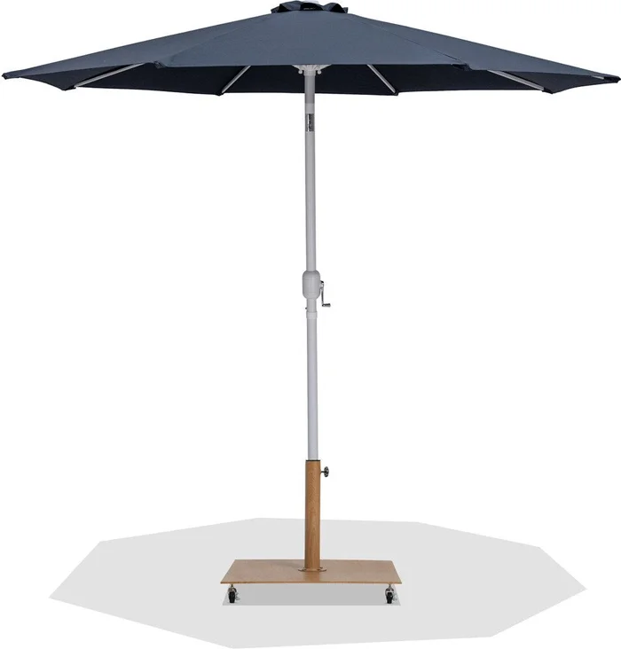 Meridian Furniture – Fiji Grey Fabric / Teak Aluminum Patio Umbrella with Base Sets – 55015Grey-AT