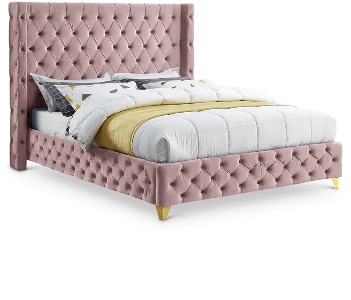 Meridian Furniture – Savan Pink Velvet Queen Bed – SavanPink-Q