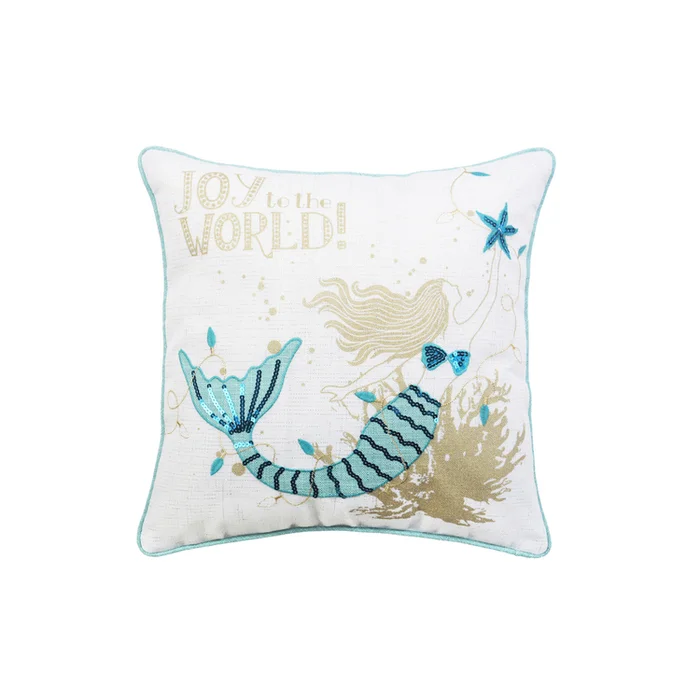 Mermaid Christmas Pillow with Sequins Tail Joy to the World Decor