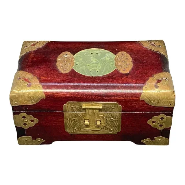 Mid 20th Century Chinese Mahogany Wood & Brass Jewelry Box With Carved Jade Insert and Interior Red Silk Lining