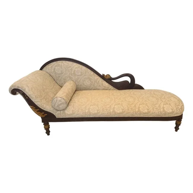 Mid 20th Century Empire Revival Swan Chaise Lounge With Carved Detailing & Damask Upholstery