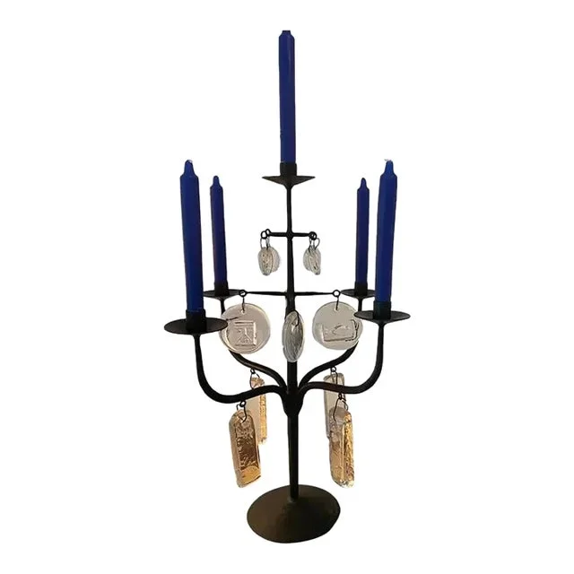 Mid 20th Century Erik Hoglund Iron Candlabra, Hand Forged With Boda Art Glass Pendants