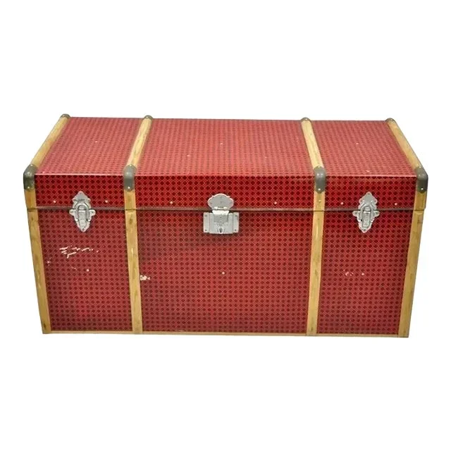 Mid 20th Century Vintage Art Deco Wood and Tin Metal Wrapped Red Faux Cane Wicker Chest Trunk Box