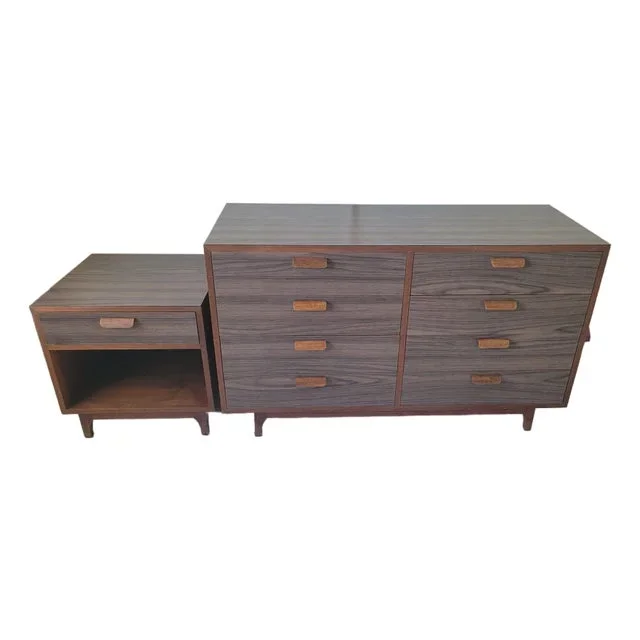 Mid 20th Century Walnut and Laminate Dresser and Nightstand – Set of 2