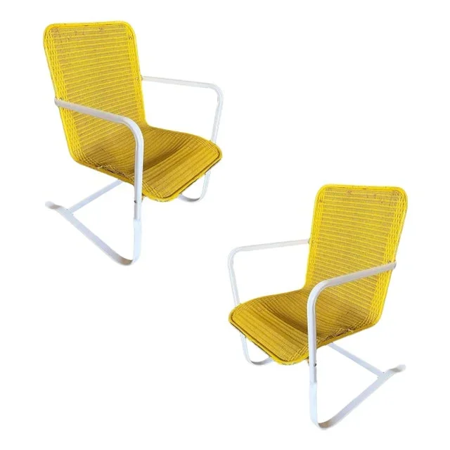 Mid-Cenrtury Lloyd Flanders “Loom” Wicker Springer Outdoor Patio Chair, Pair