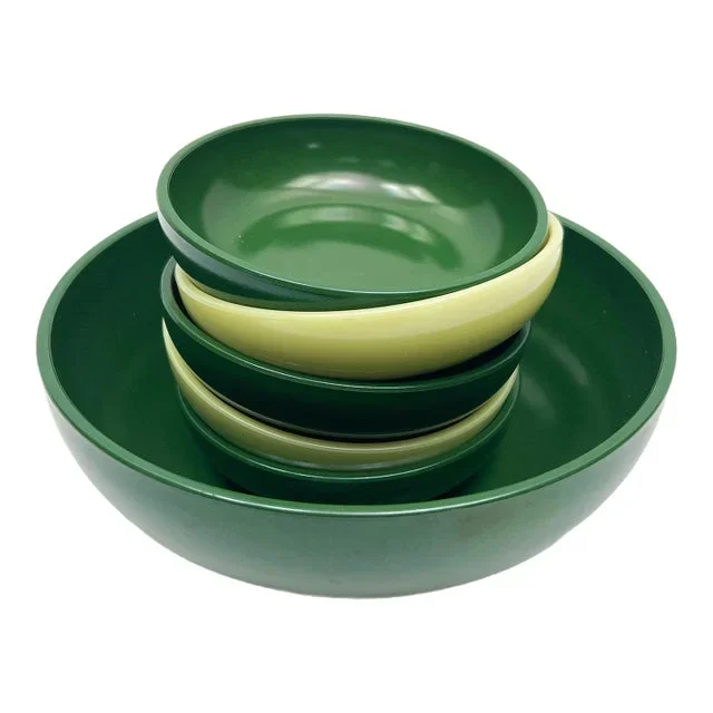 Mid Century 1950’s Forest Green & Lime Green Colored Milk Glass Bowl Set – 6 Pieces