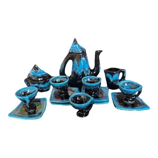 Mid-Century Ceramic Tea Set , Attributed to the Style of Vallauris Ceramics- 14 Pieces