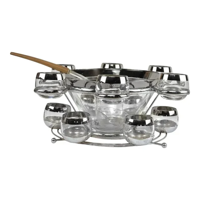 Mid-Century Chrome Lined Punch Bowl & Glasses Serving Set