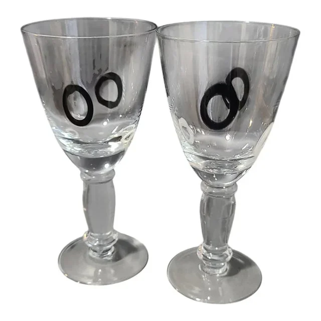 Mid Century Modern Fused Art Glass Black & White Dots Water Goblets- a Pair