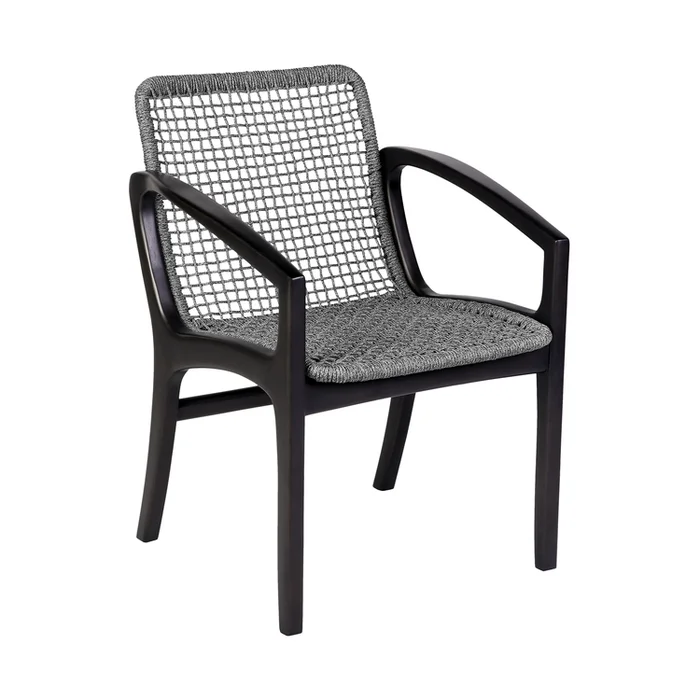 Mid Century Modern Outdoor Patio Dining Chair Dark Wood Grey Rope