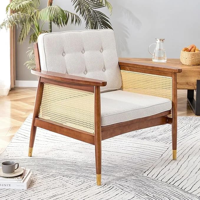 Mid-Century Modern Rattan Accent Chair with Wooden Armrests and Legs – Lounge Armchair for Living Room