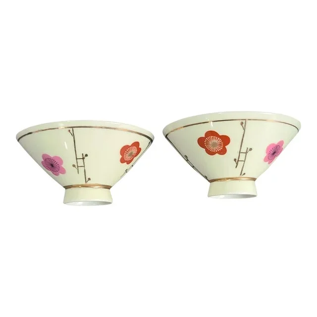 Mid-Century Modern Vintage Pair of Asian Japanese Anjyo Painted Floral Rice Bowls