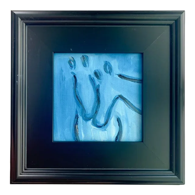 “Midnight & Misty” Framed Abstract Horse Painting in Blues Medium: Oil on Board
