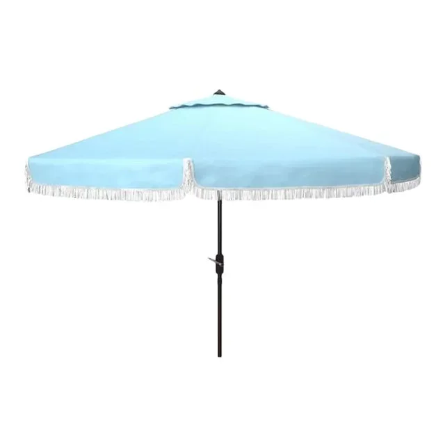 Milan Fringe 9ft Crank Outdoor Push Button Tilt Umbrella – Baby Blue