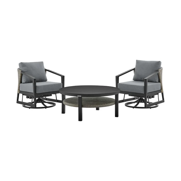 Modern 3 Piece Patio Outdoor Swivel Seating Set in Black Aluminum