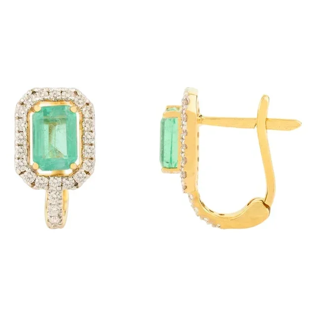 Modern Art Deco Emerald Earrings With Diamonds in 14k Gold- A Pair