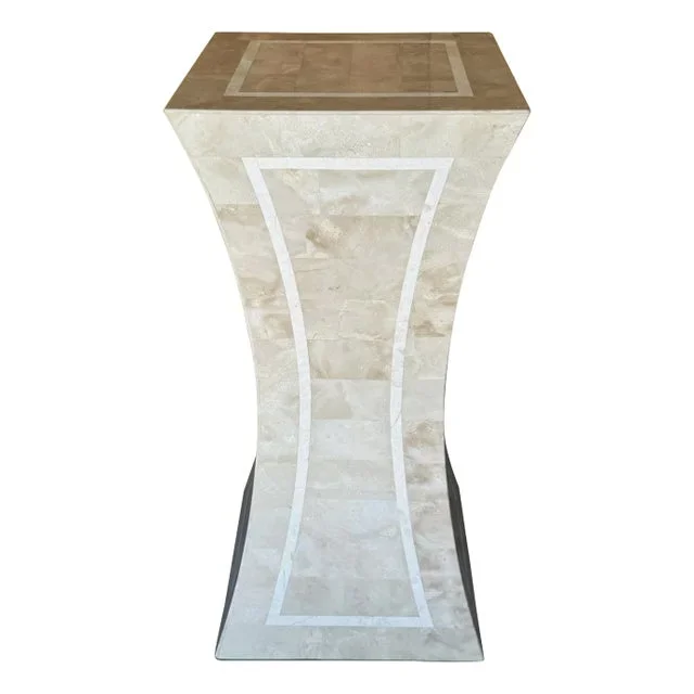 Modern Inlaid Tessellated Travertine Sculptural Pedestal, Attrib Maitland Smith