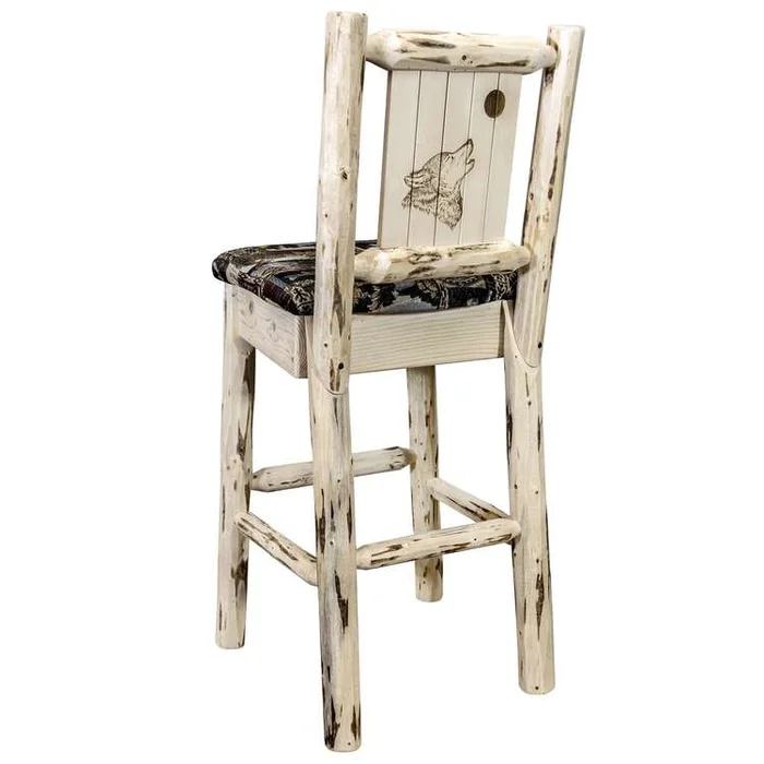 Montana Collection Barstool w/ Back – Woodland Upholstery, w/ Laser Engraved Wolf Design, Clear Lacquer Finish