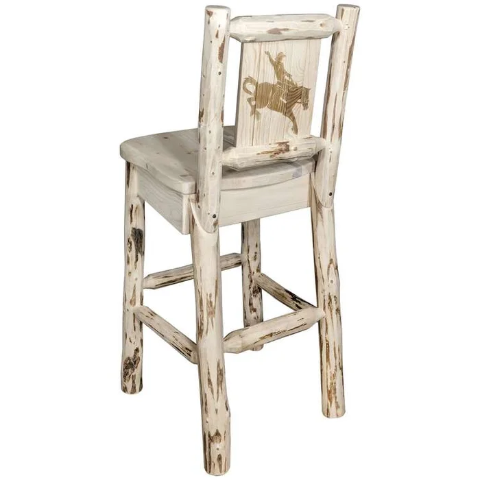 Montana Collection Counter Height Barstool w/ Back, w/ Laser Engraved Bronc Design, Clear Lacquer Finish