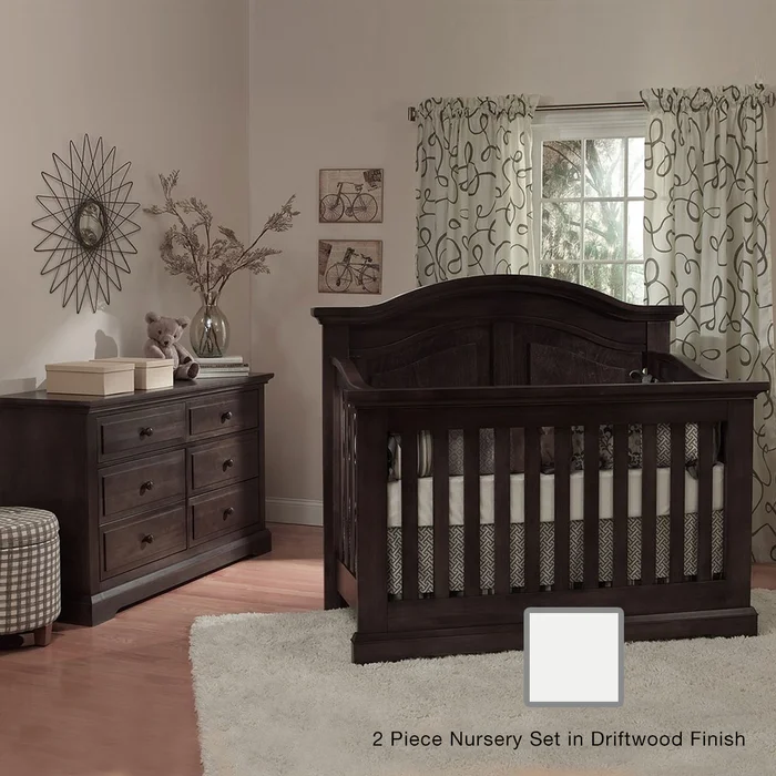 Munire Chatham 2 Piece Nursery Set – Curve Top Crib Convertible Crib and 6 Drawer Dresser in Driftwood