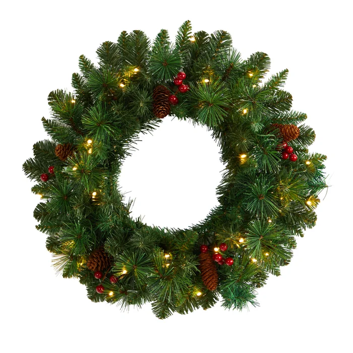 Nearly Natural 20in. Frosted Pine Artificial Christmas Wreath with Pinecones, Berries and 35 Warm White LED Lights