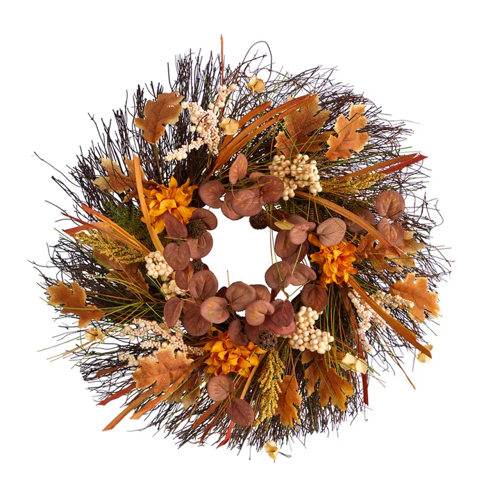Nearly Natural 22in. Autumn Dahlia and Berries Artificial Fall Wreath