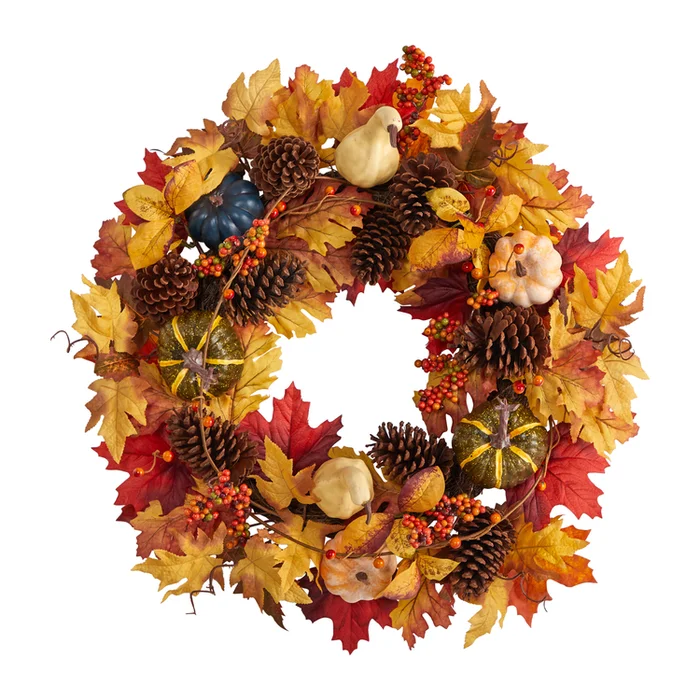Nearly Natural 26in. Fall Pumpkin, Gourd, Pinecone and Maple Leaf Artificial Autumn Wreath