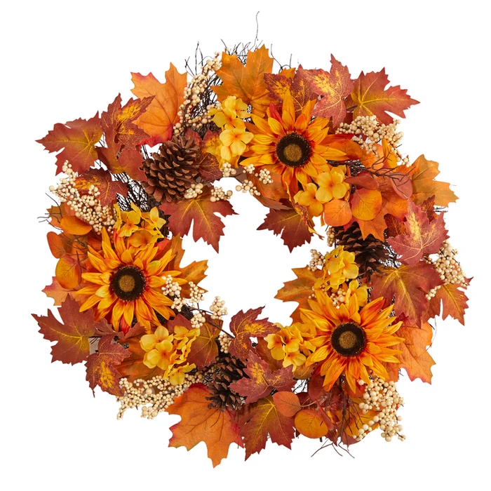 Nearly Natural 28in. Autumn Maple Leaves, Sunflower, White Berries and Pinecones Artificial Fall Wreath