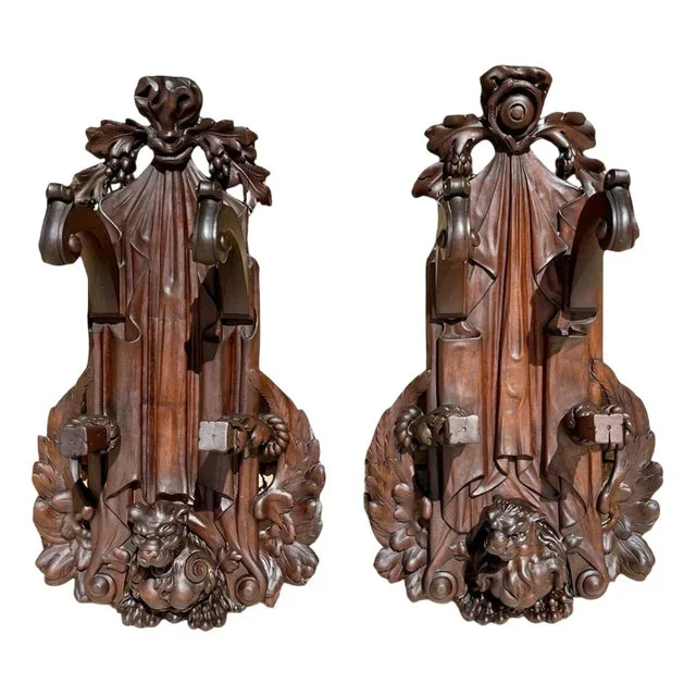 Neo-Renaissance Wall Coat Racks in Walnut, Set of 2