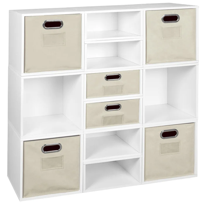 Niche Cubo Storage Organizer Open Bookshelf Set- 6 Full Cubes/6 Half Cubes with Foldable Storage Bins- White Wood Grain/Natural