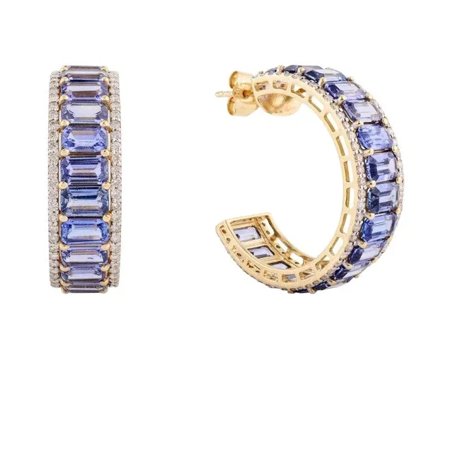 Octagon Cut Tanzanite Pave Diamond Halo Wedding Hoop Earrings- a Pair
