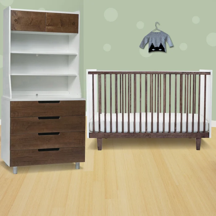 Oeuf 3 Piece Nursery Set – Rhea Crib 4 Drawer Dresser and Hutch in Walnut/White