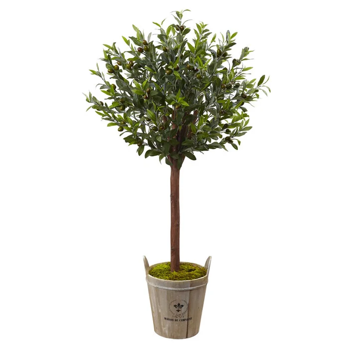 Olive Topiary Tree with Barrel Planter – 4.5ft Tall Greenery Decor – Nearly Natural
