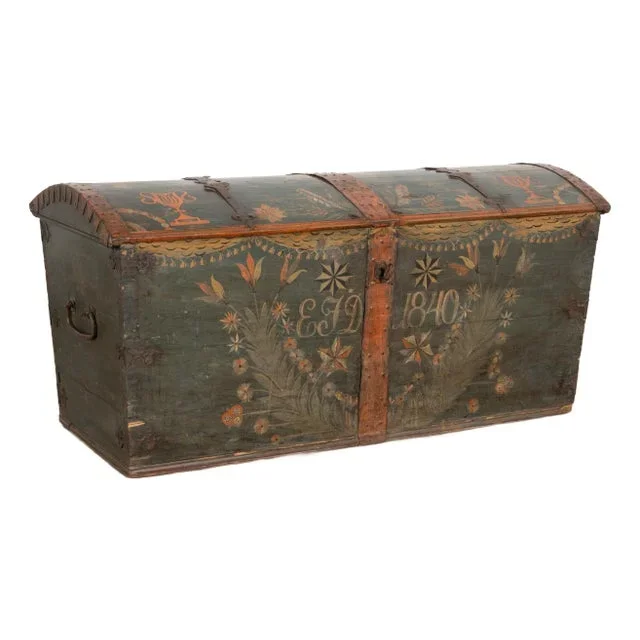 Original Green Painted Swedish Dome Top Trunk Dated 1840